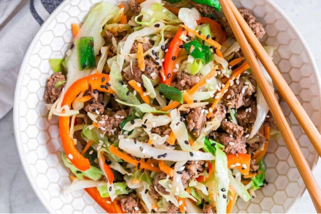 A close up shot of ground beef and cabbage skillet.