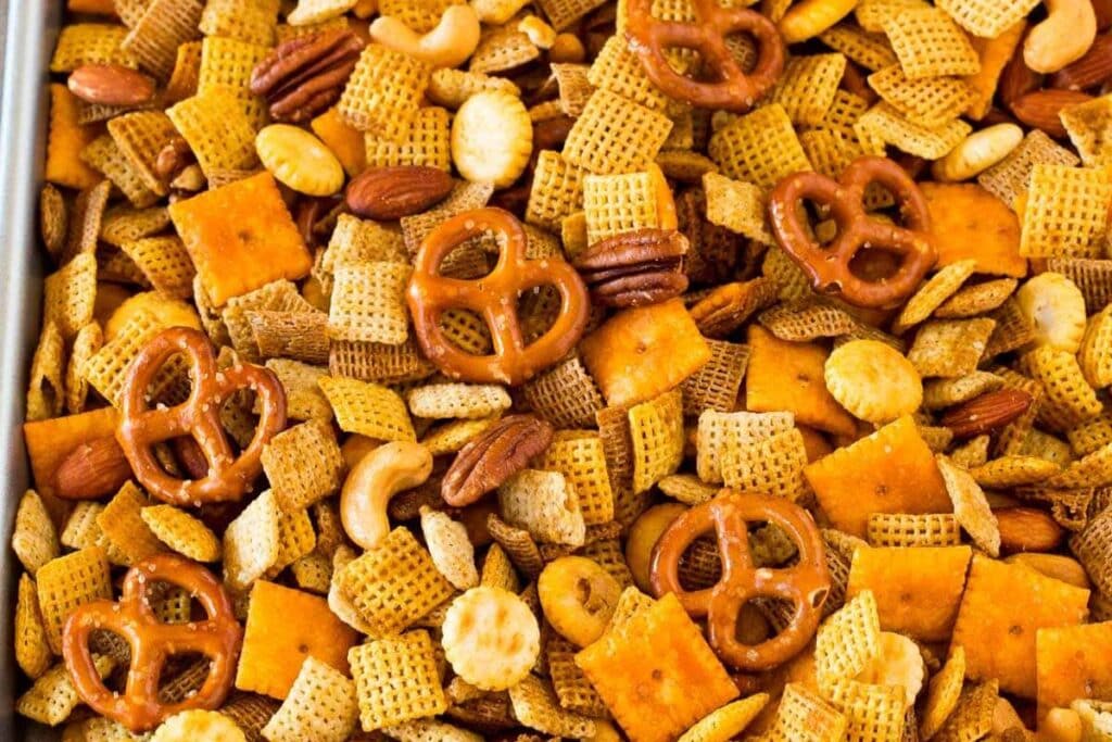 A close up shot of Homemade chex mix.