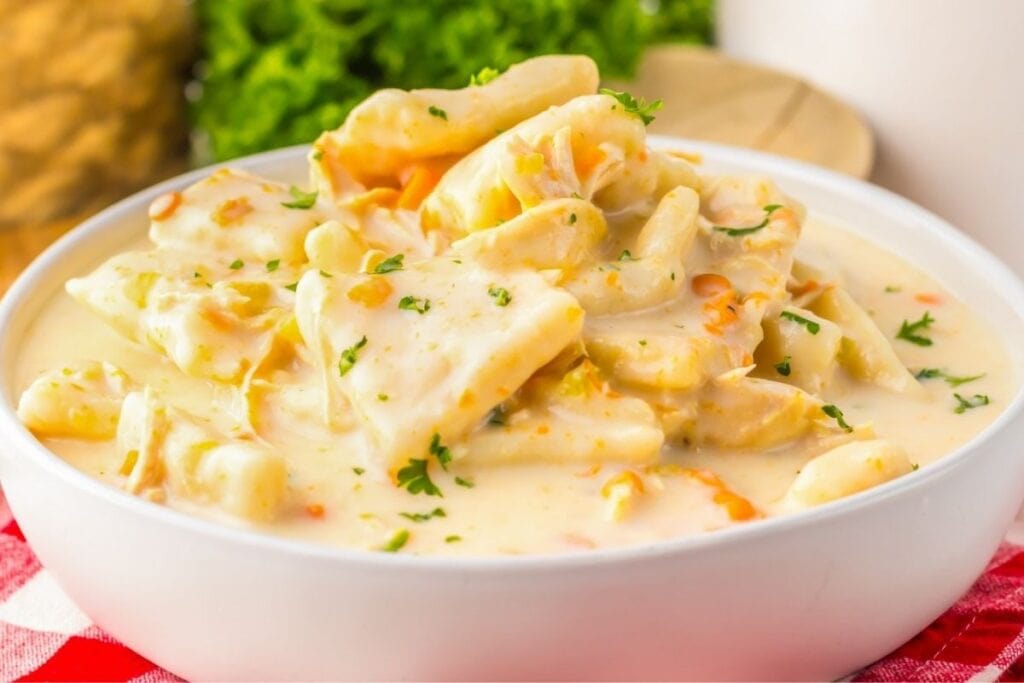 A close up shot of homemade chicken and dumplings.