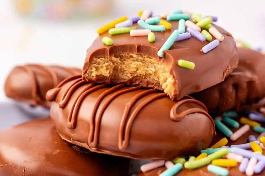 A close up shot of homemade reeses peanut butter eggs.