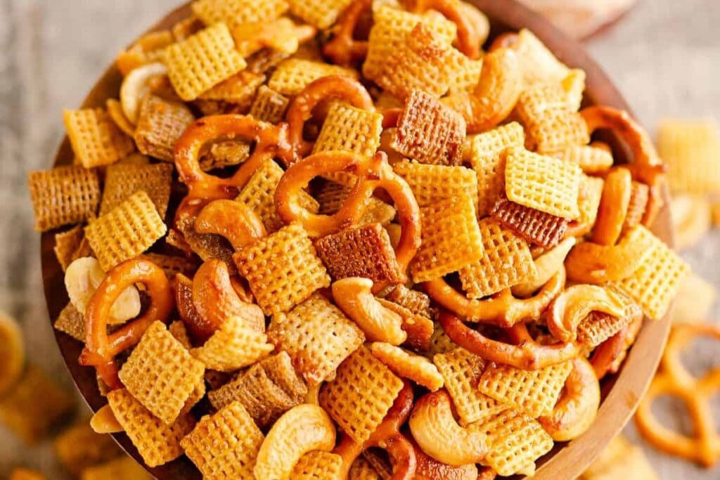 A close up shot of Hot honey chex mix.