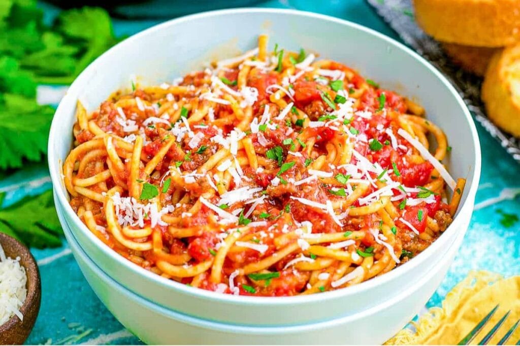 A close up shot of spaghetti.
