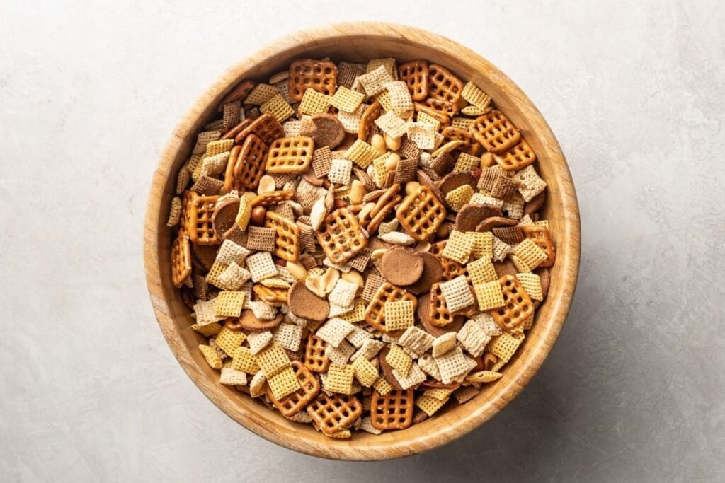 A close up shot of Irresistible Rye Chip Chex mix.