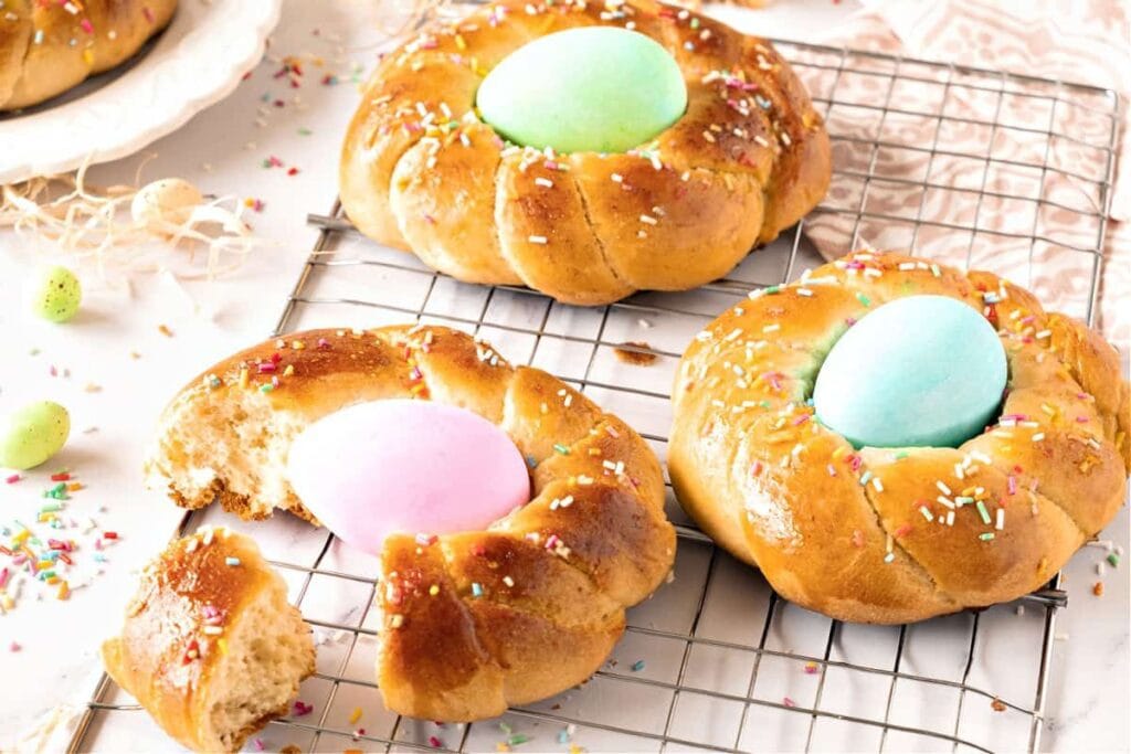A close up shot of italian easter bread.
