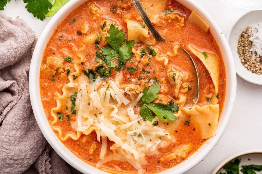 A close up shot of lasagna soup.