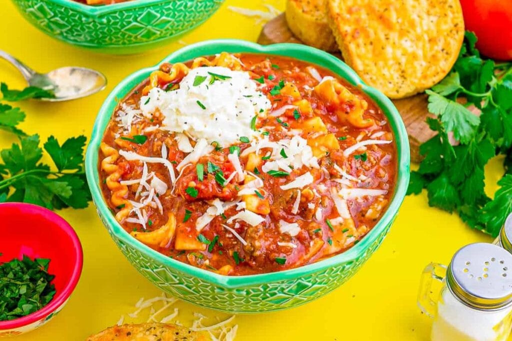 A close up shot of Lasagna soup.