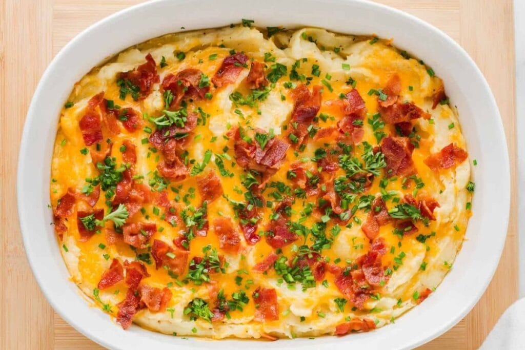 A close up shot of Mashed Potato Casserole.
