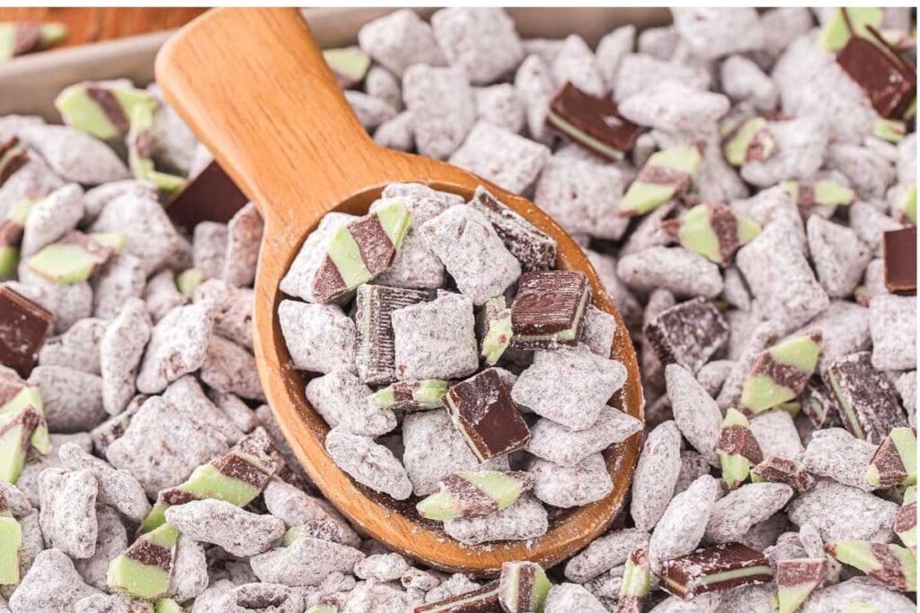 A close up shot of Mint Chocolate Puppy Chow.
