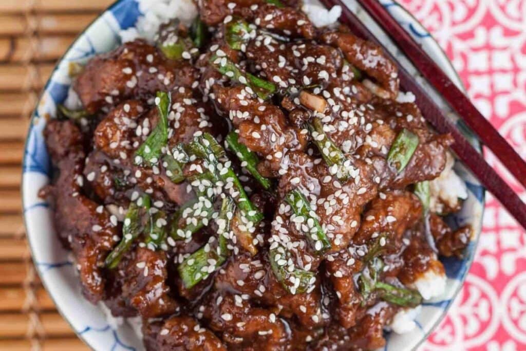 A close up shot of mongolian beef.
