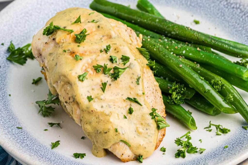 A close up shot of mustard chicken.