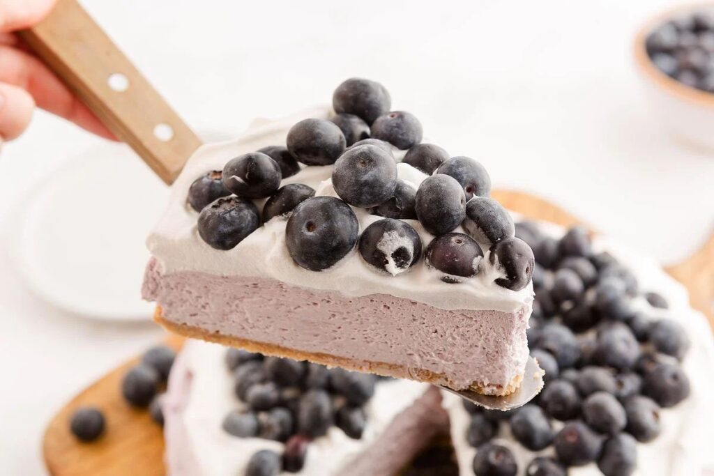 A close up shot of No Bake Blueberry Cheesecake.