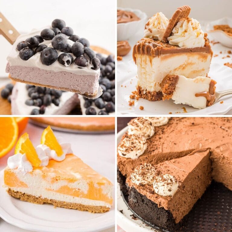 Collage of no bake cheesecakes.