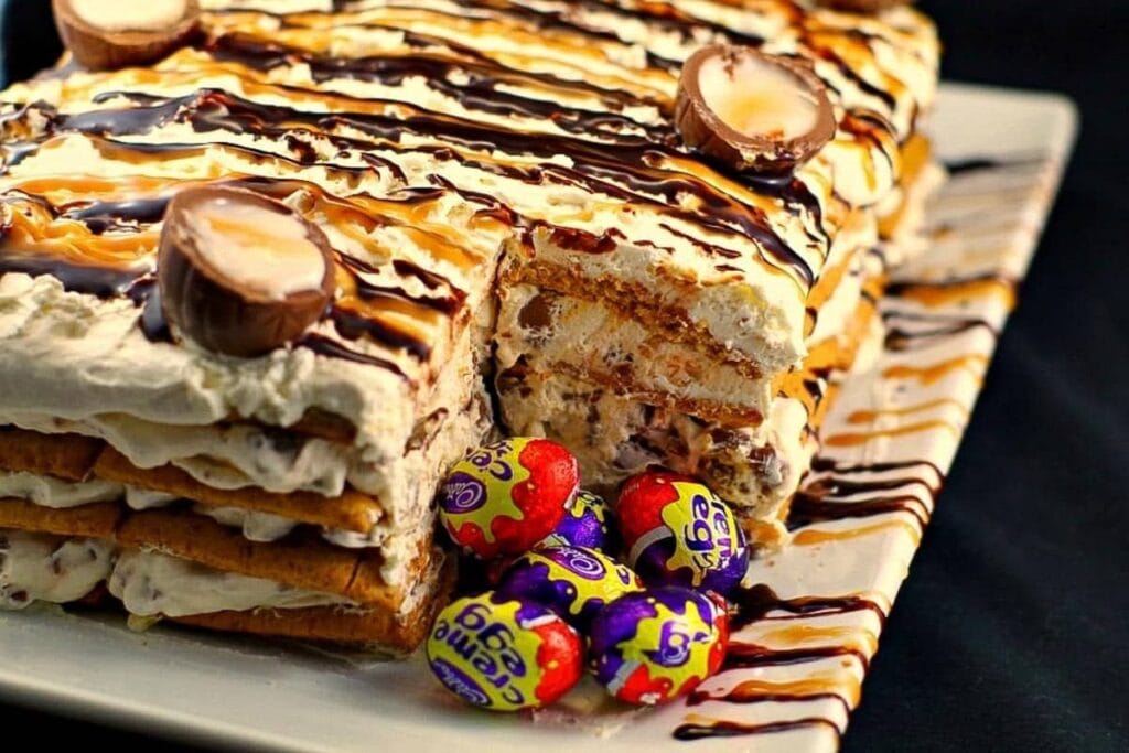 A close up shot of no bake easter creme egg icebox cake.
