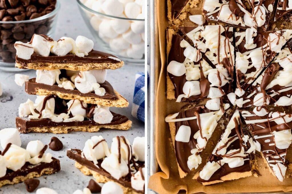 Collage of no bake smores bark.