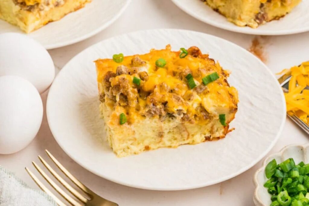 A close up shot of Pancake Sausage Casserole.