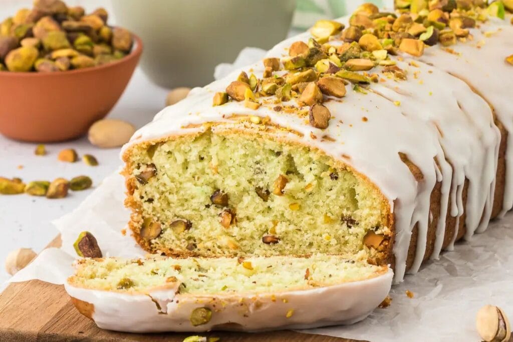 A close up shot of pistachio bread.