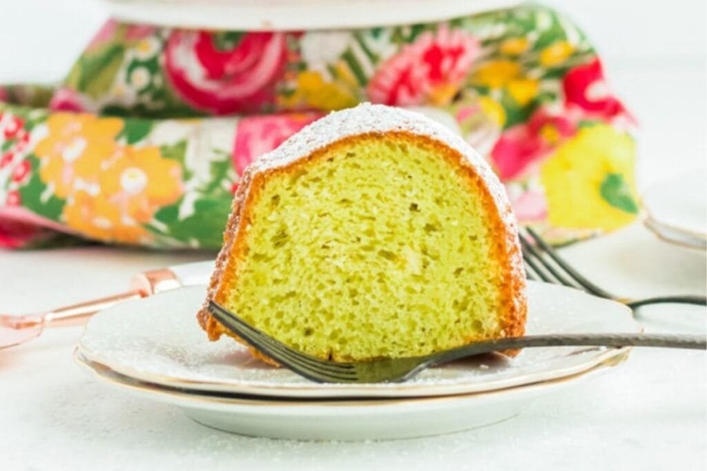 A close up shot of pistachio cake.