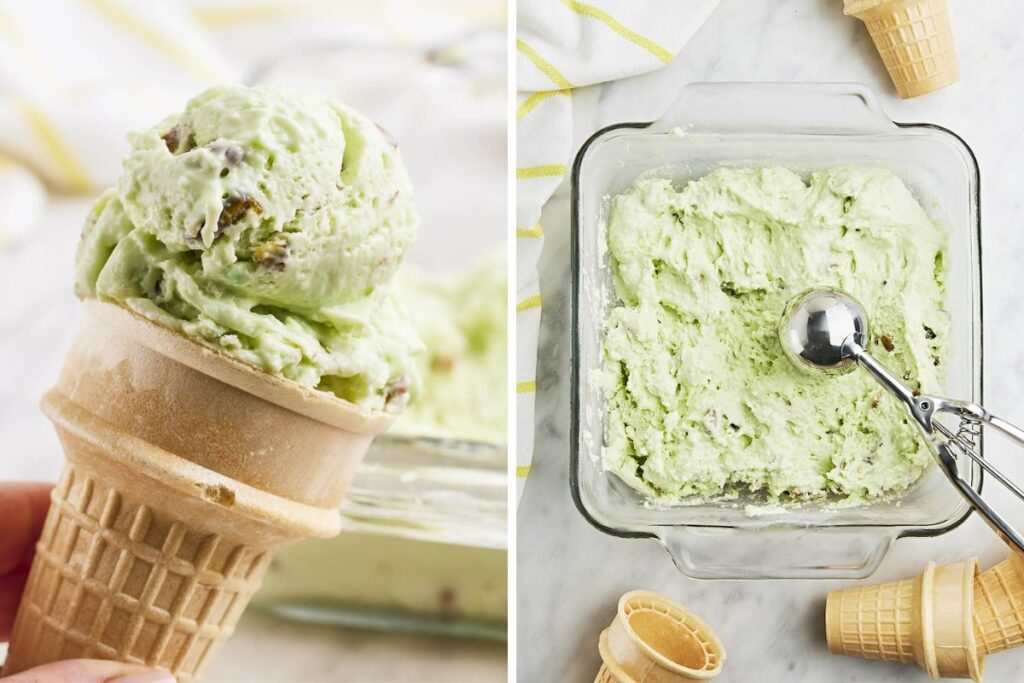 A collage of pistachio ice cream.