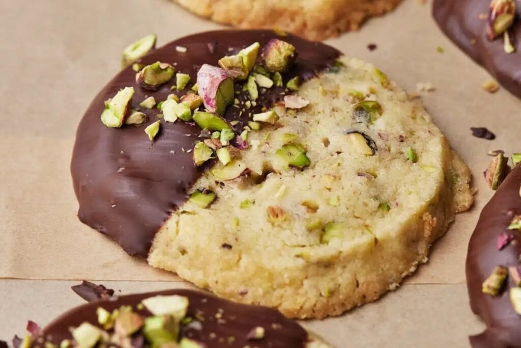 A close up shot of pistachio shortbread cookies.