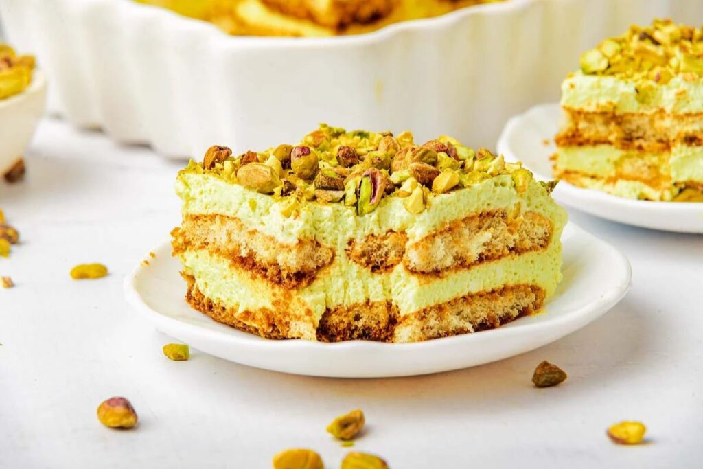 A close up shot of pistachio tiramisu.