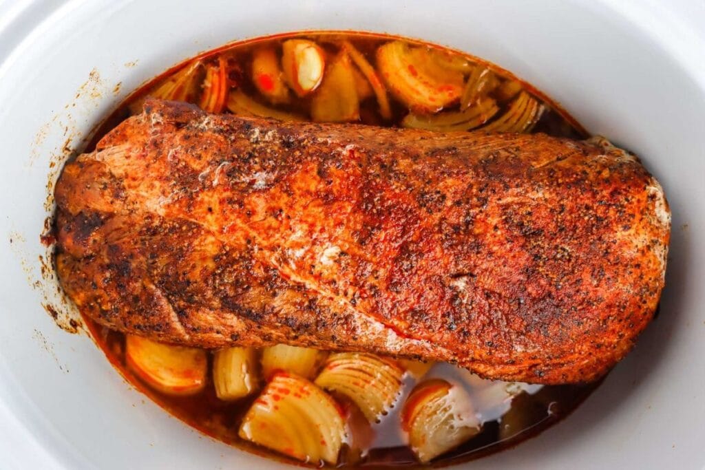 A close up shot of pork loin crockpot.