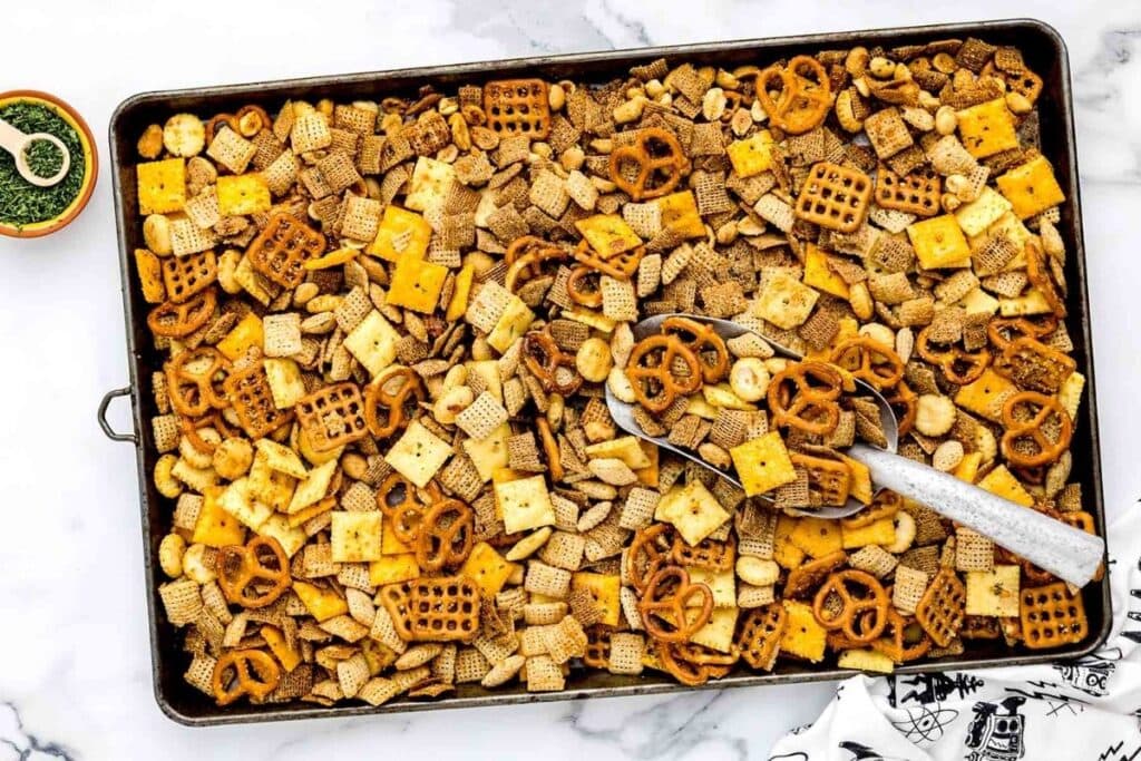 A close up shot of Ranch Chex mix.