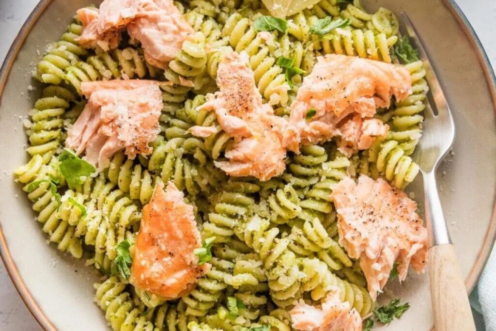 A close up shot of Salmon Pesto Pasta.