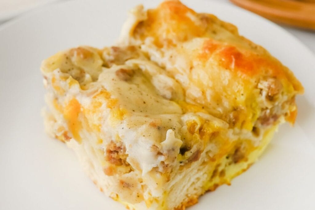 A close up shot of Sausage Gravy Breakfast Casserole.