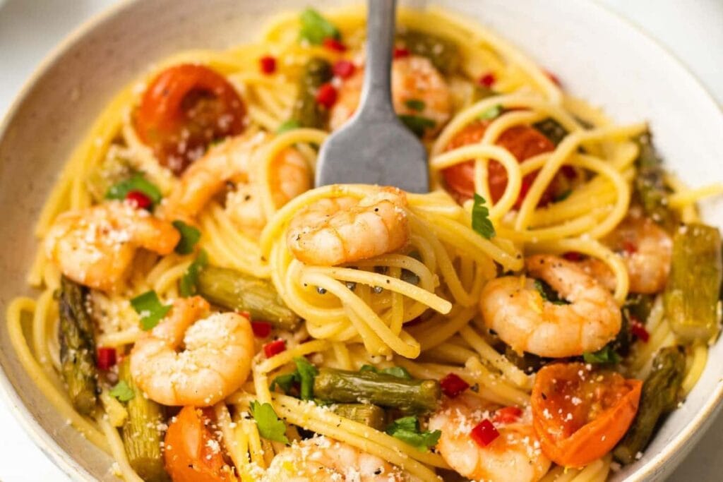 A close up shot of Shrimp asparagus pasta.