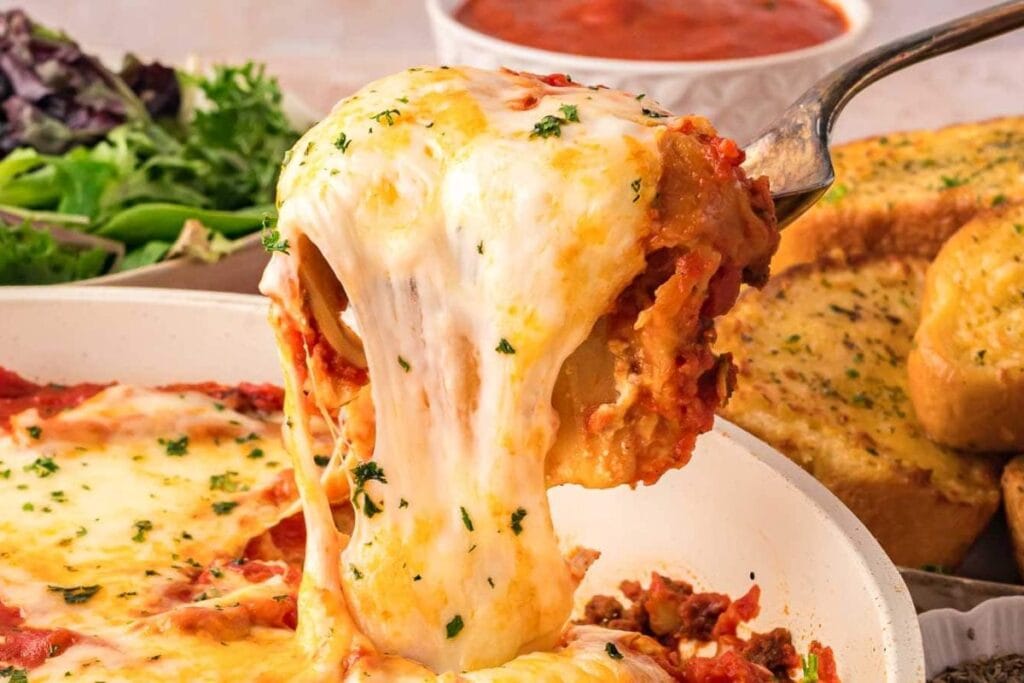 A close up shot of skillet lasagna.