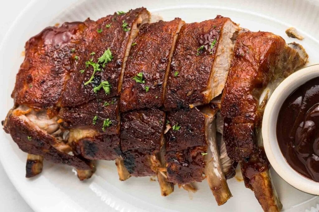 A close up shot of slow cooker baby back ribs.