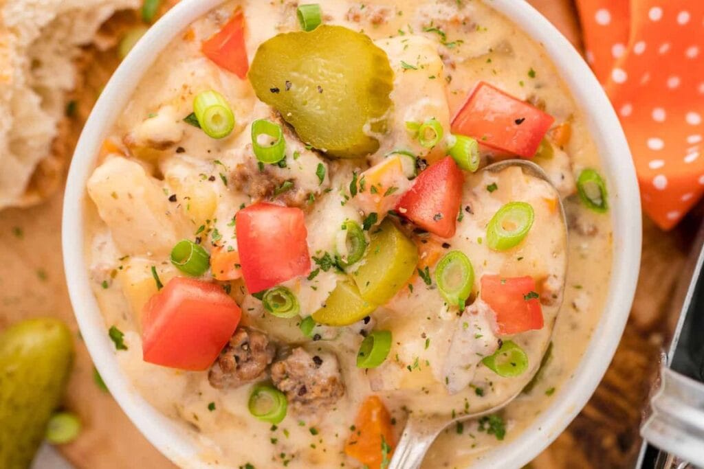 A close up shot of slow cooker cheeseburger soup from taste of home.