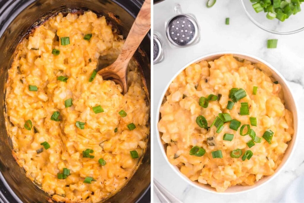 Collage of slow cooker cheesy potatoes.