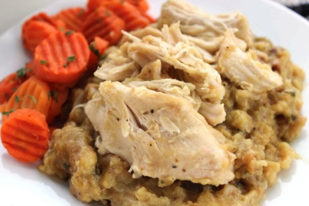 A close up shot of chicken and stuffing.
