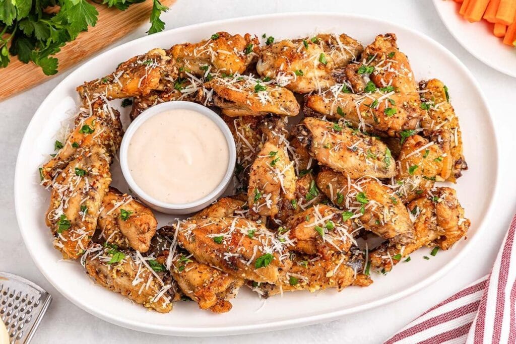 A close up shot of parmesan wings.