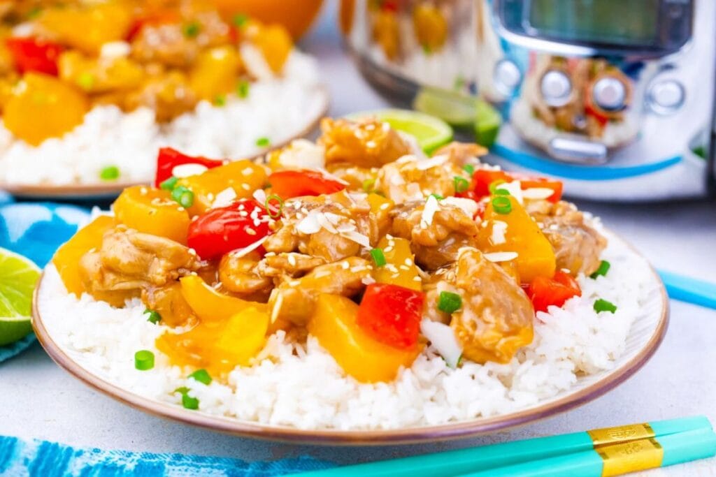 A close up shot of slow cooker hawaiian chicken.