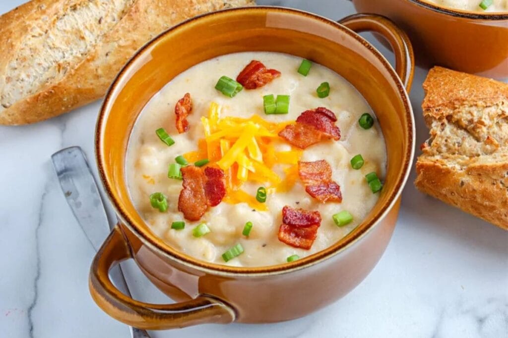 A close up shot of potato soup.