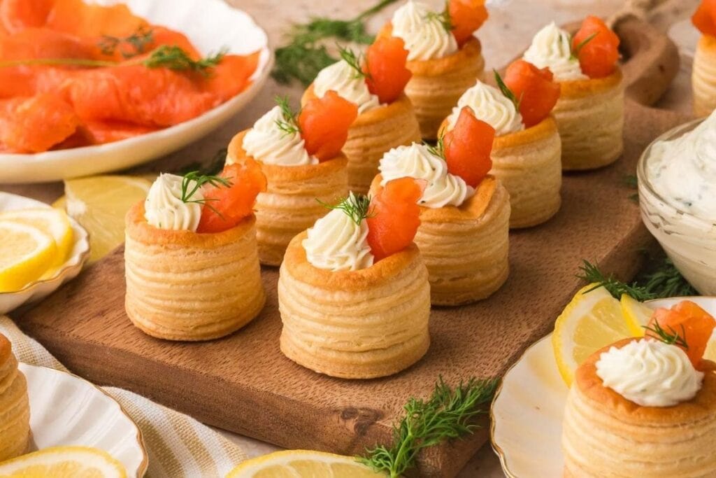 A close up shot of smoked salmon appetizers.