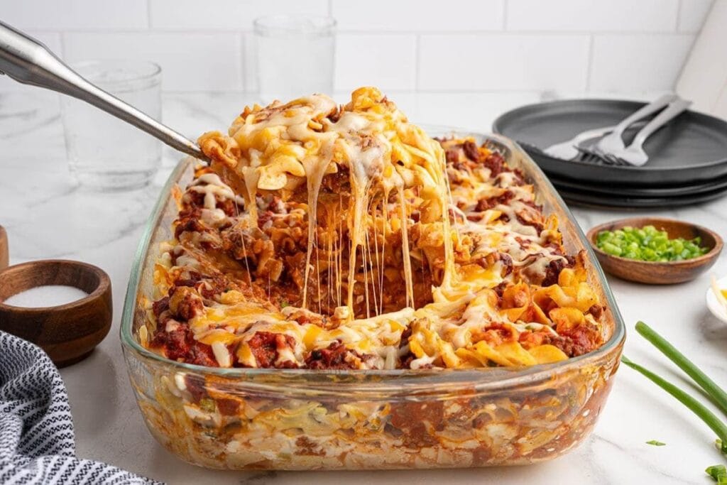 A close up shot of Sour Cream Noodle bake.