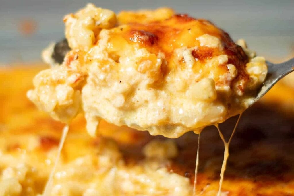 A close up shot of Baked mac and cheese.