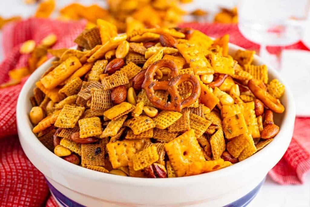 A close up shot of Spicy chex mix.