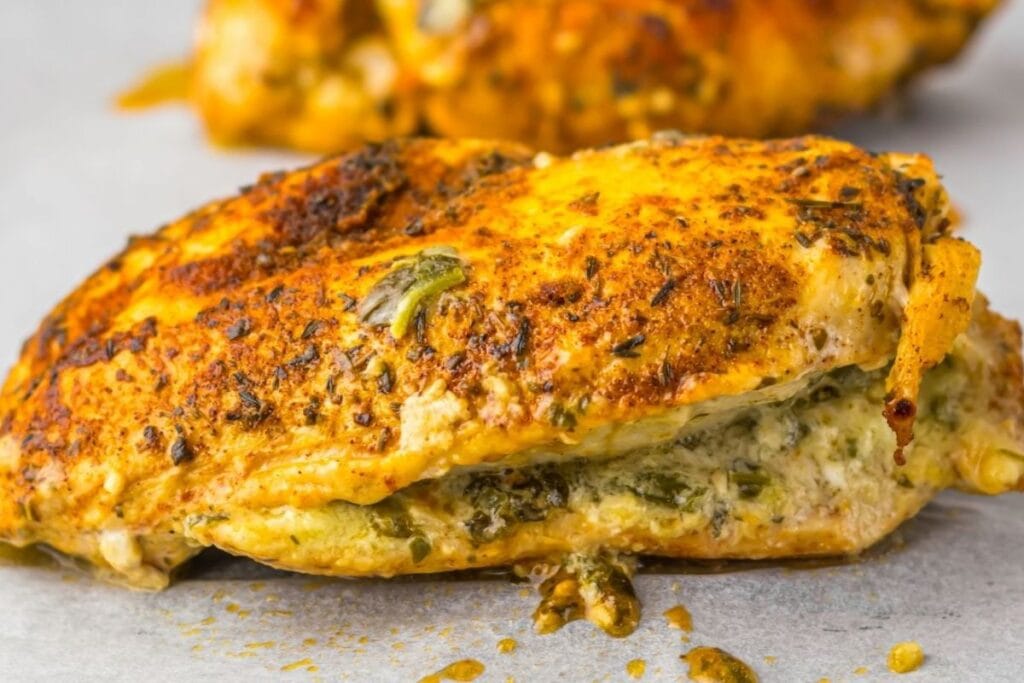 A close up shot of Spinach Artichoke Stuffed Chicken.