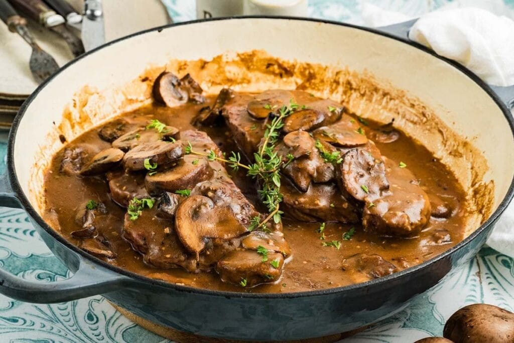 A close up shot of Steak Marsala.