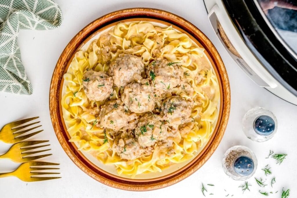 A close up shot of Swedish meatballs.