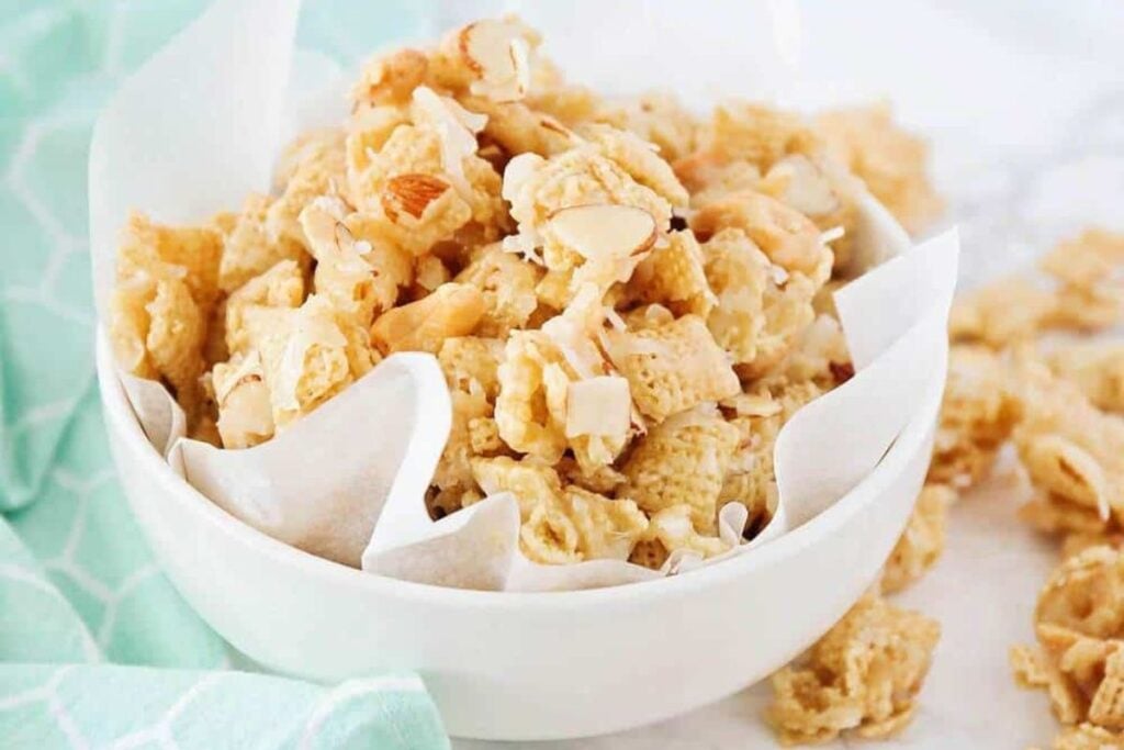 A close up shot of Sweet chex mix.