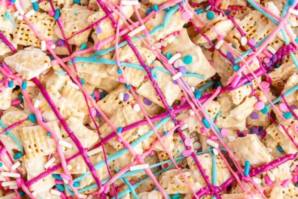 A close up shot of Unicorn Chex mix.
