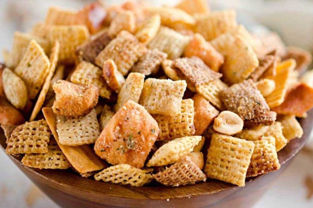 A close up shot of Zesty 3 Cheese Snack Mix.