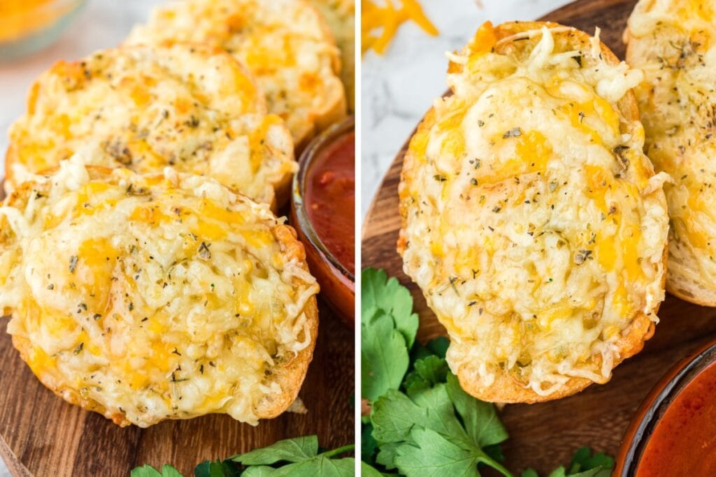Air fryer cheesy garlic bread on a wooden board.