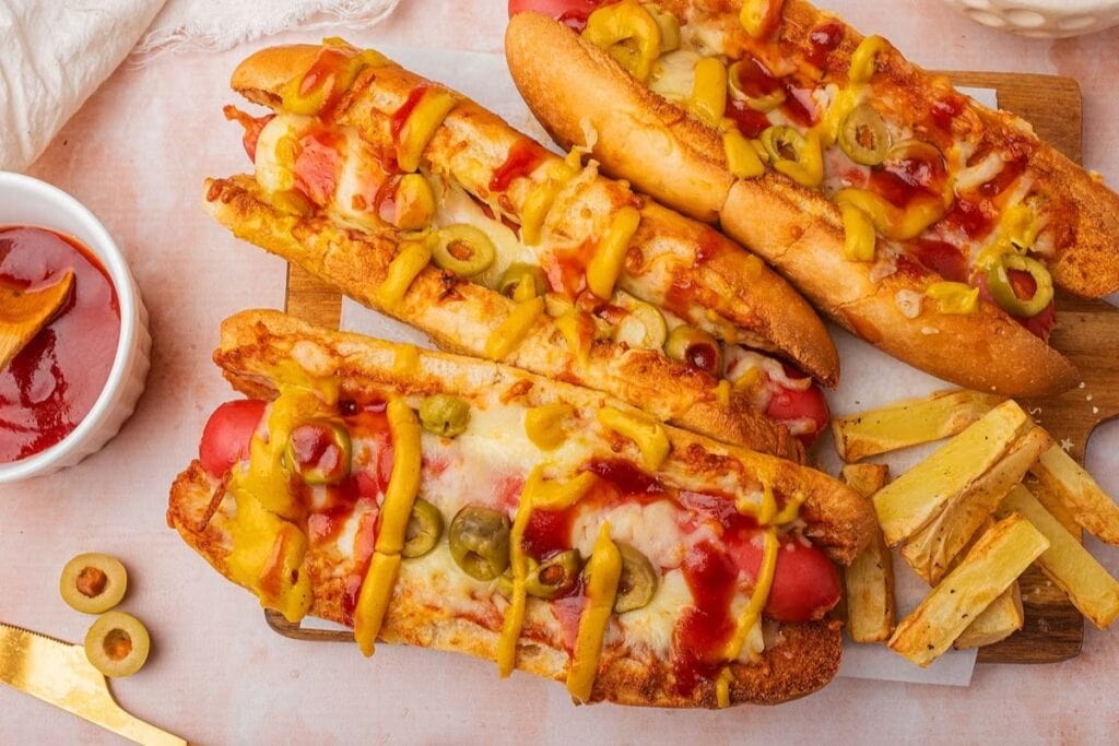 Air fryer pizza dogs on a wooden board.