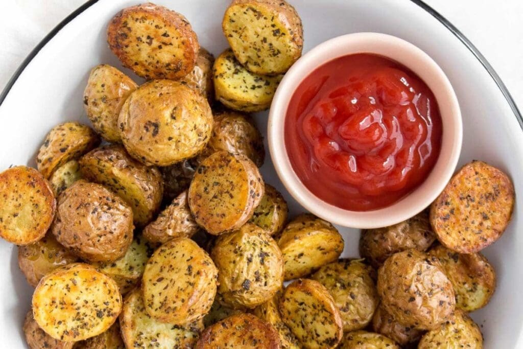 Air fryer roasted potatoes on a plate with dipping sauce.